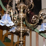 Five-arm chandelier with the blue lampshades